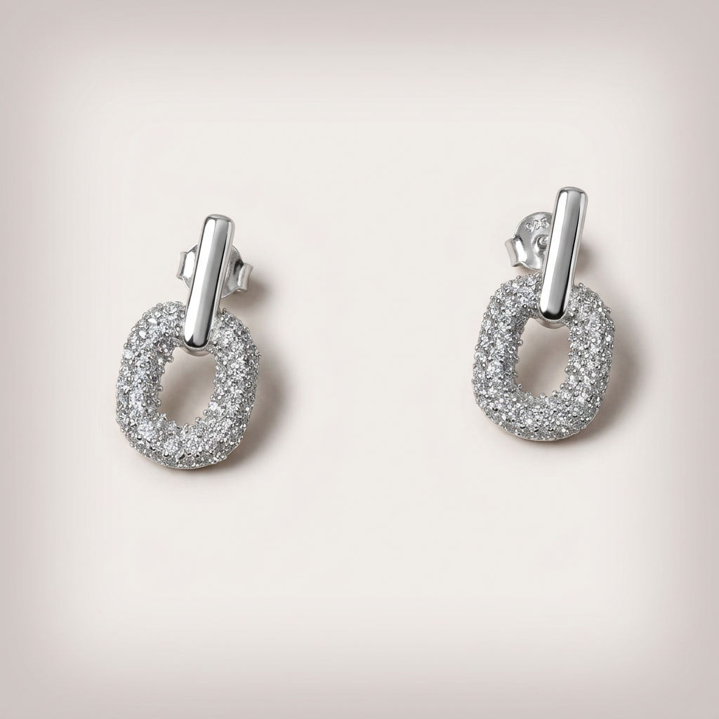 Women's Silver Pave Oval Drop Earrings