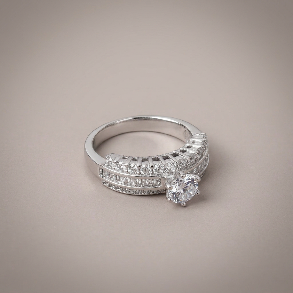 Women's Silver Diamond-Studded Cocktail Ring
