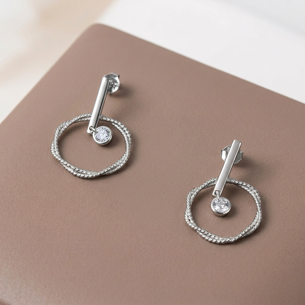 Women's Silver Twisted Circle Stone Earrings