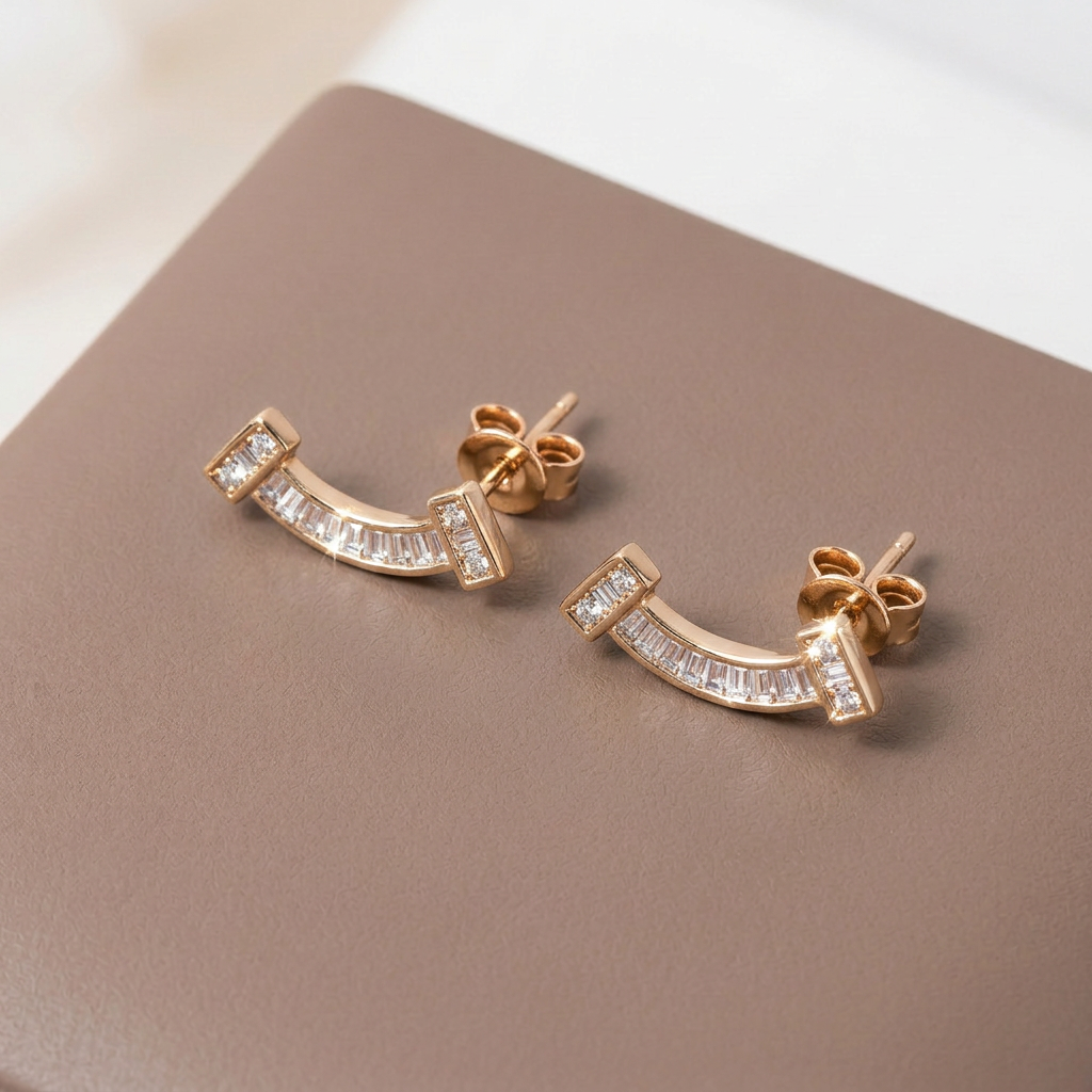 Women's Gold-Plated Curved Diamond Stud Earrings