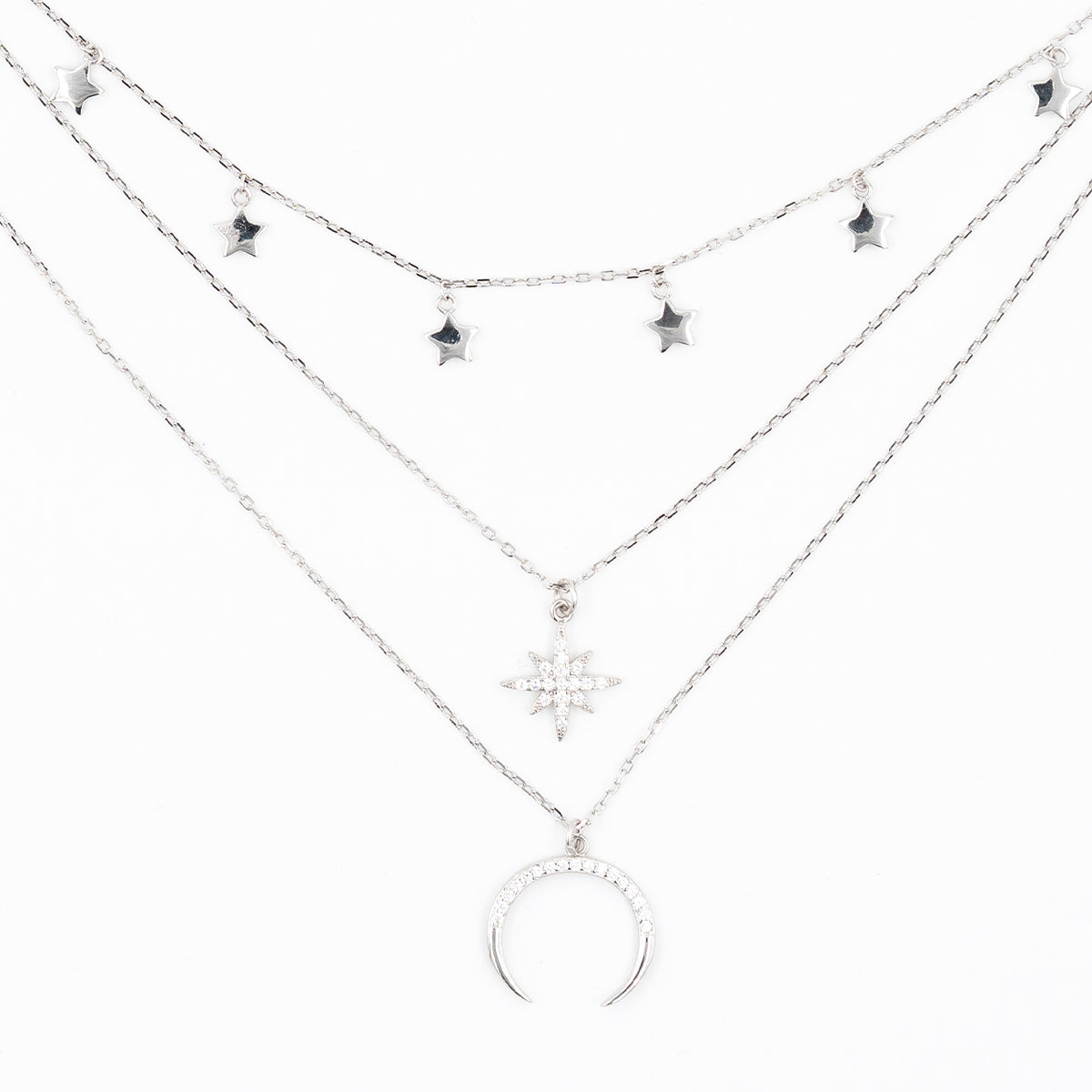 Silver Starry Moon Triple Layer Necklace