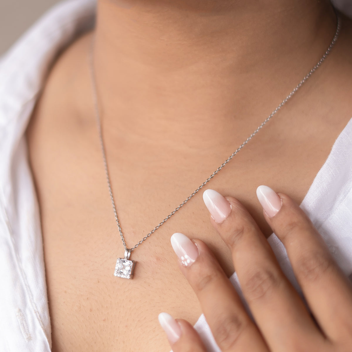 Silver Elegant Square Solitaire Necklace