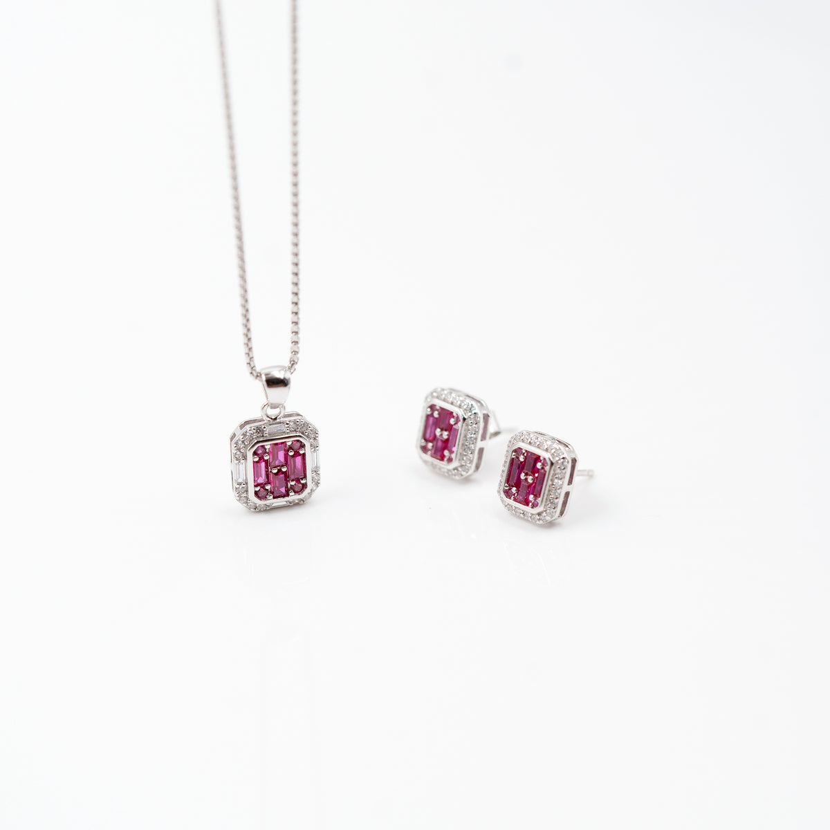 Silver Dark Pink Choki Square Jewelry Set