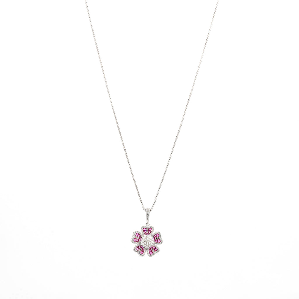 Silver Dark Pink Grand Floral Pearl Pendant Dark Jewelry Set