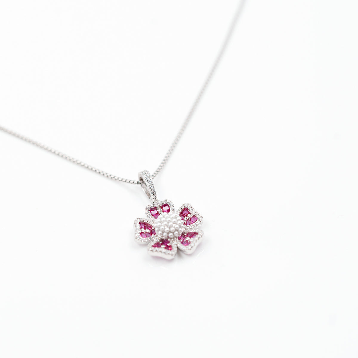 Silver Dark Pink Grand Floral Pearl Pendant Dark Jewelry Set