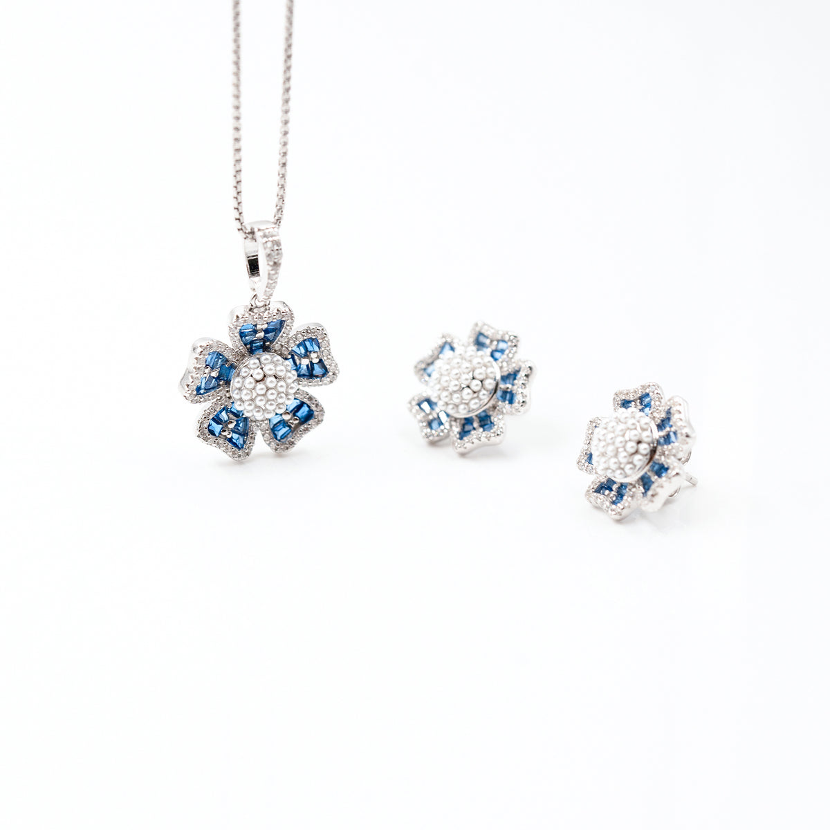 Silver Dark Blue Grand Floral Pearl Pendant Dark Jewelry Set