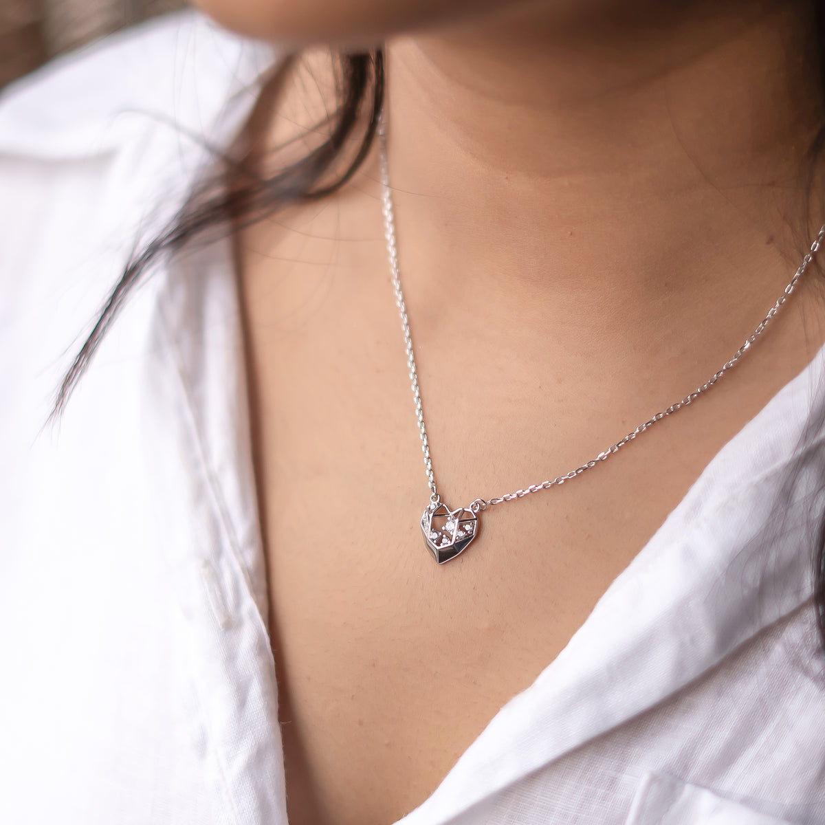 Silver Diamond Mesh Heart Necklace