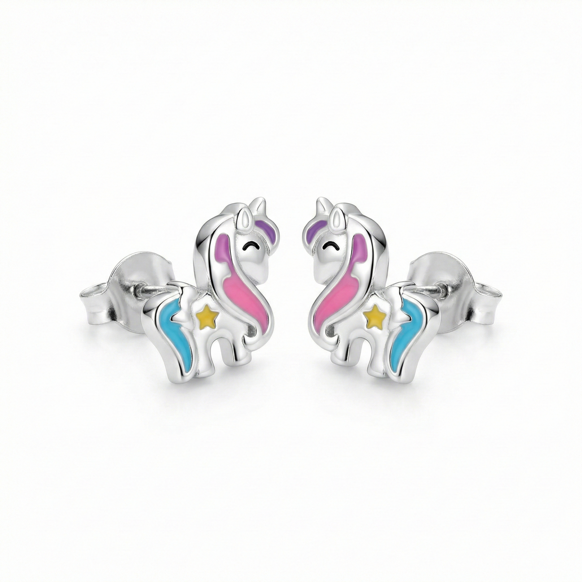 Silver Pink Blue Unicorn Kids Earrings