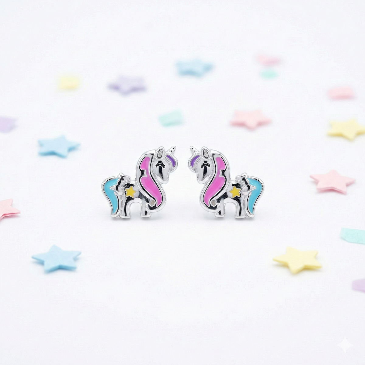 Silver Pink Blue Unicorn Kids Earrings
