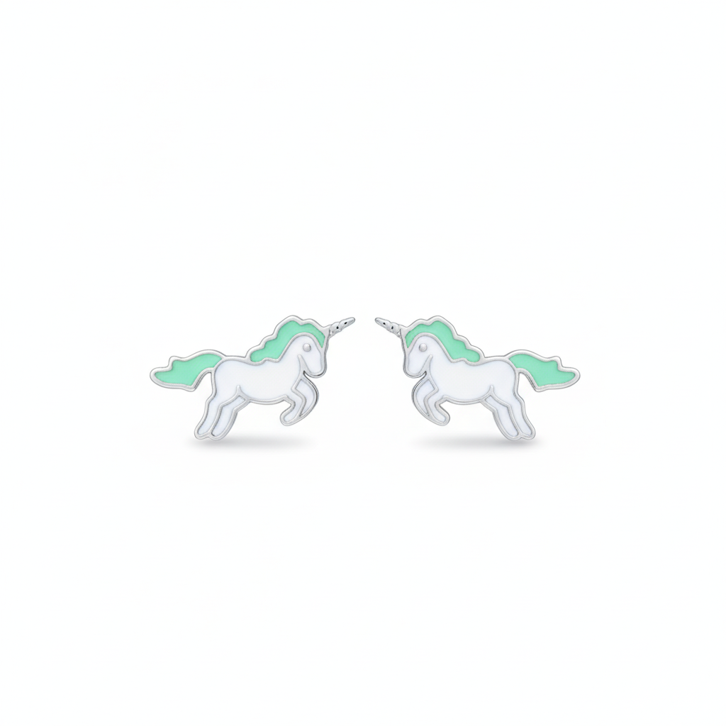 Silver Lightgreen Unicorn Kids Earrings