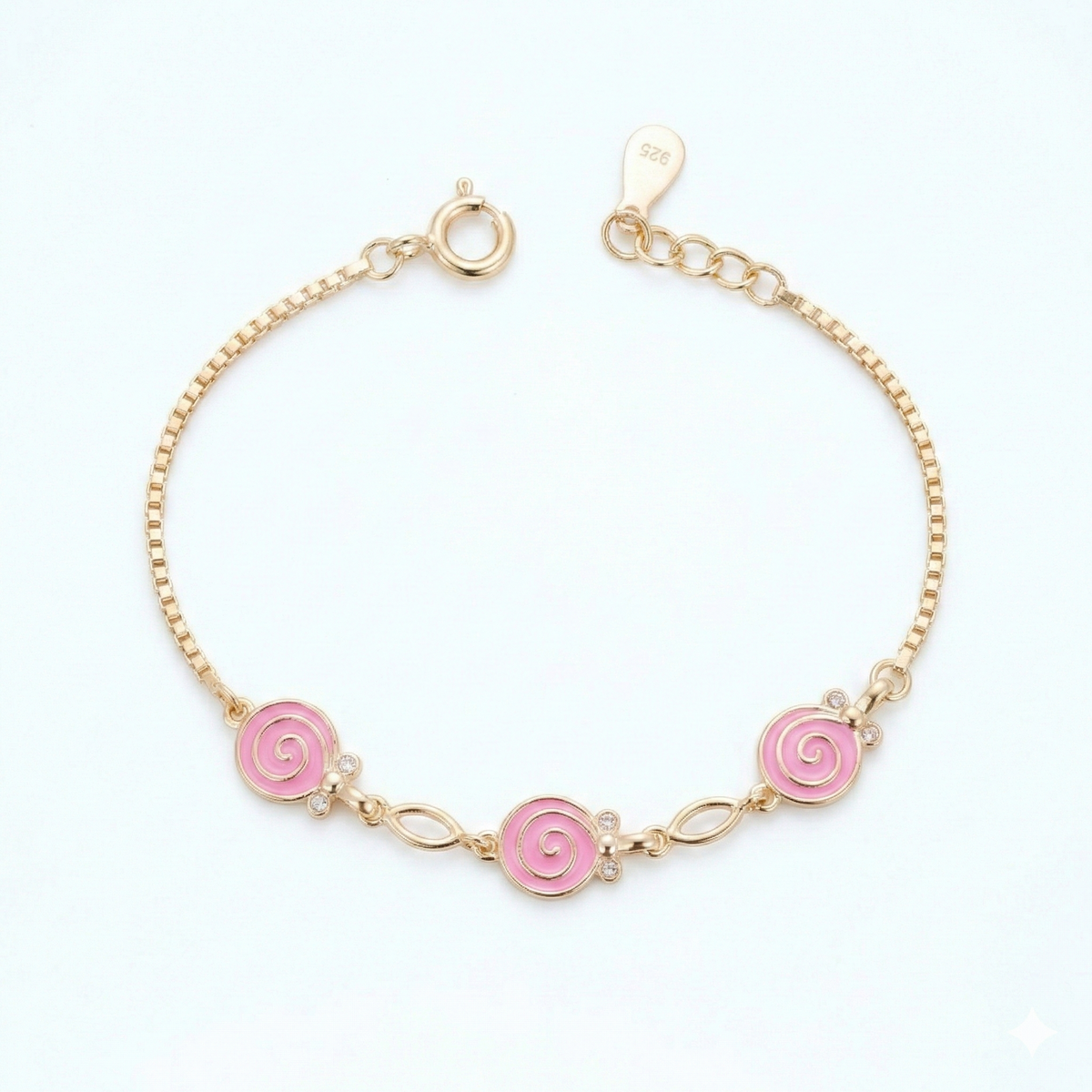 Silver Pink Enamel Kids Bracelet Gold Plated