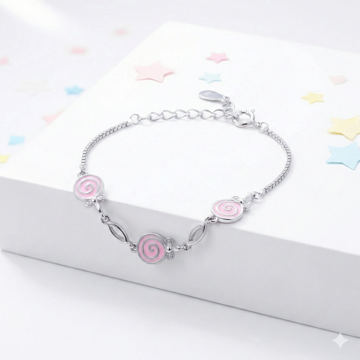 Silver Pink Enamel Kids Bracelet