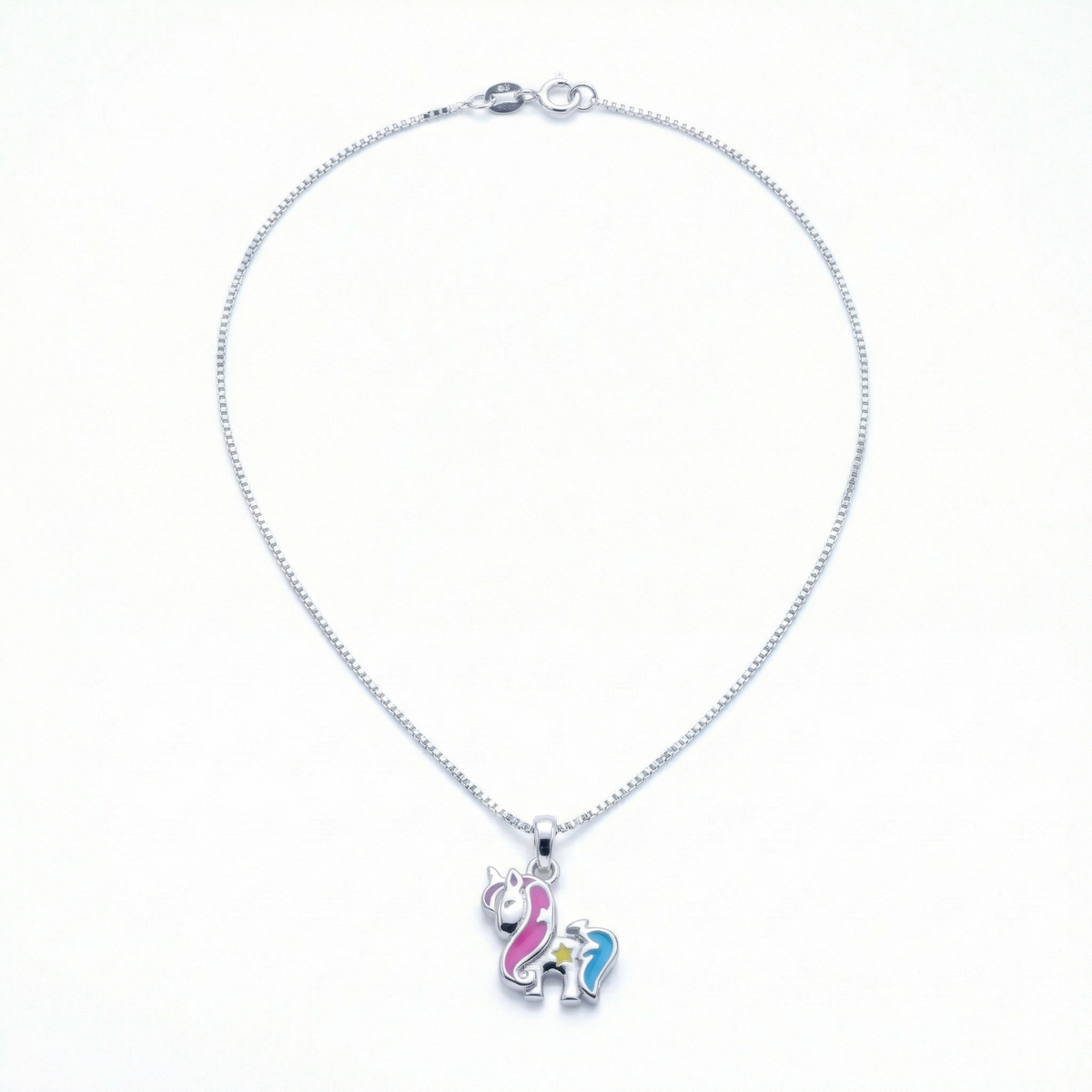 Silver Pink Blue Unicorn Kids Necklace