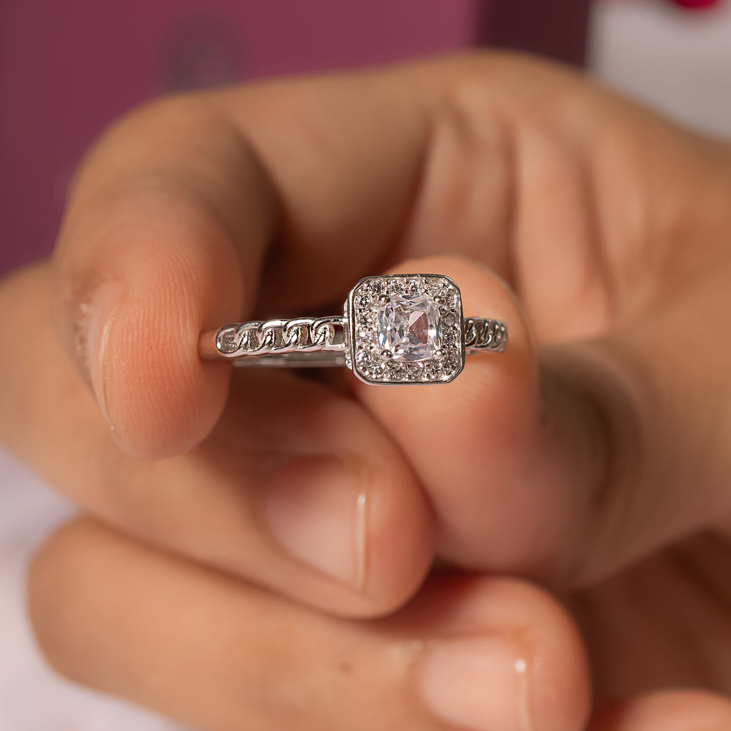 Adjustable Silver Square Solitaire Engagement Ring