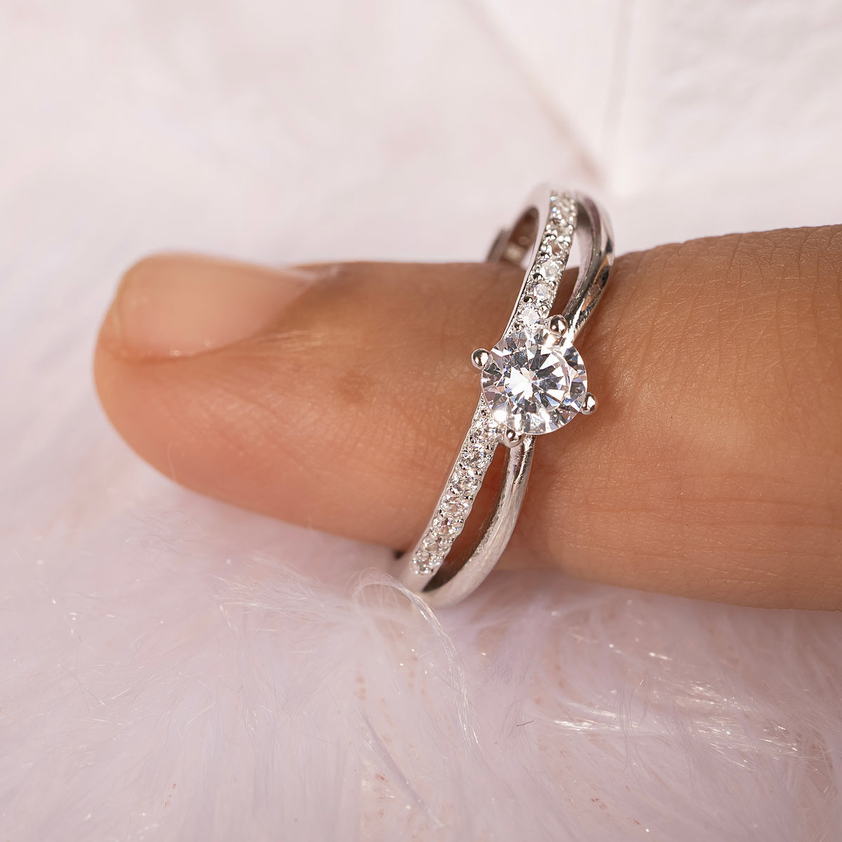 Adjustable Silver Solitaire Diamond Studded Ring