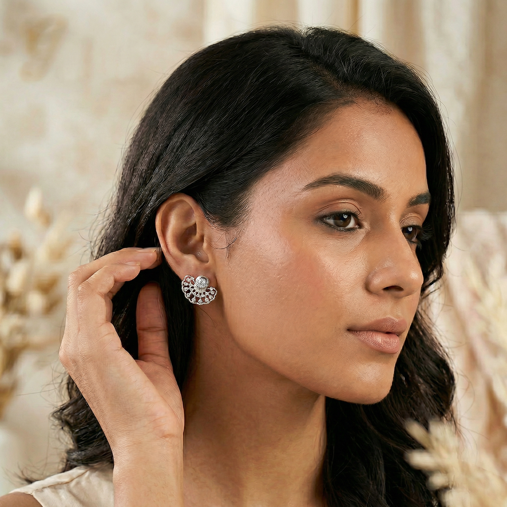 Silver fan shaped designer earrings