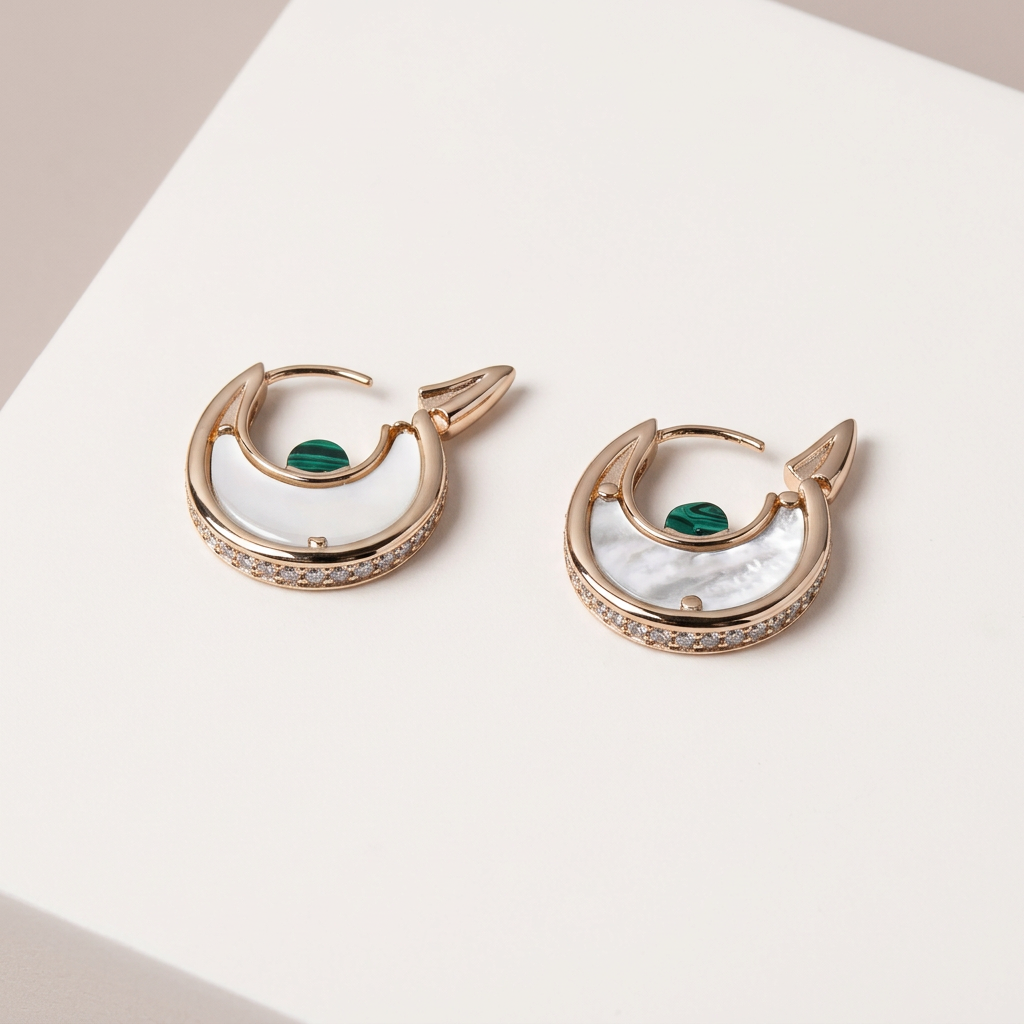 Women's Gold Crescent Hoop Earrings with Mother of Pearl