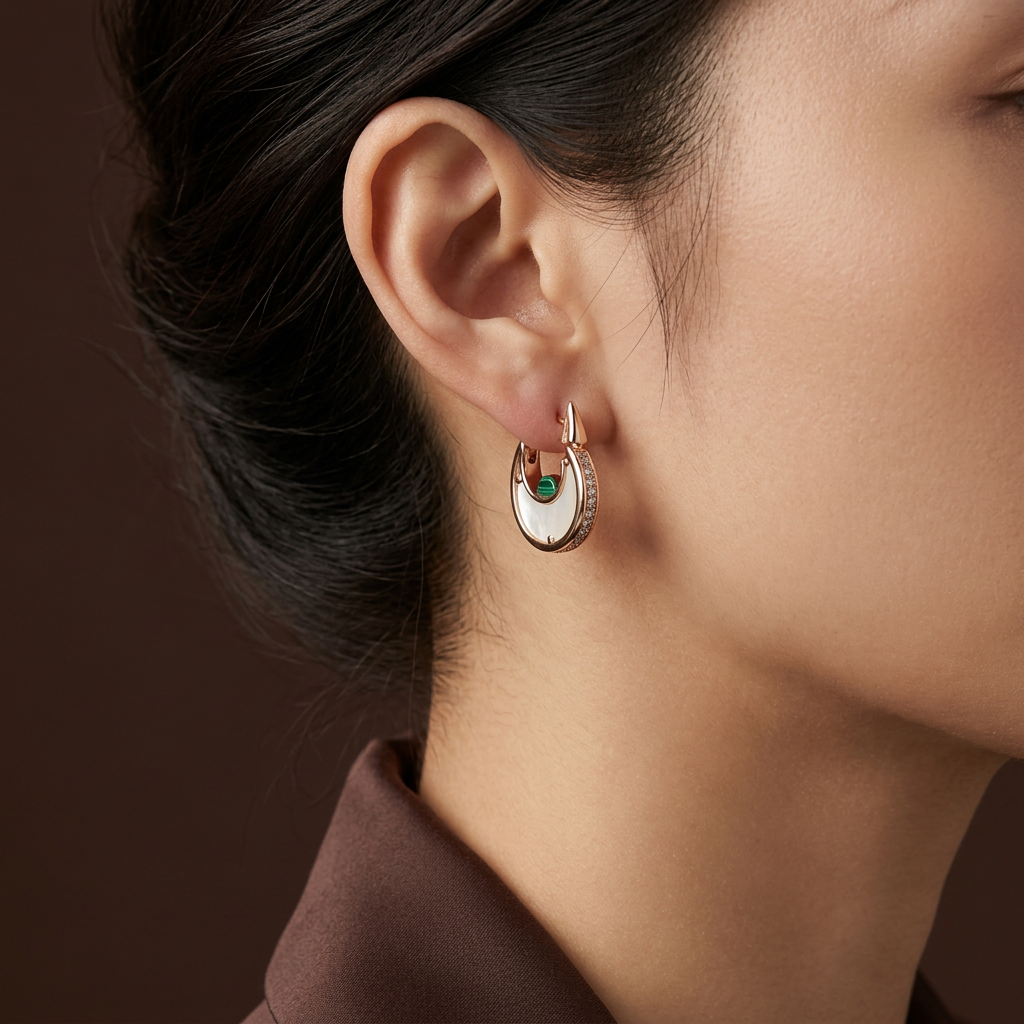 Women's Gold Crescent Hoop Earrings with Mother of Pearl