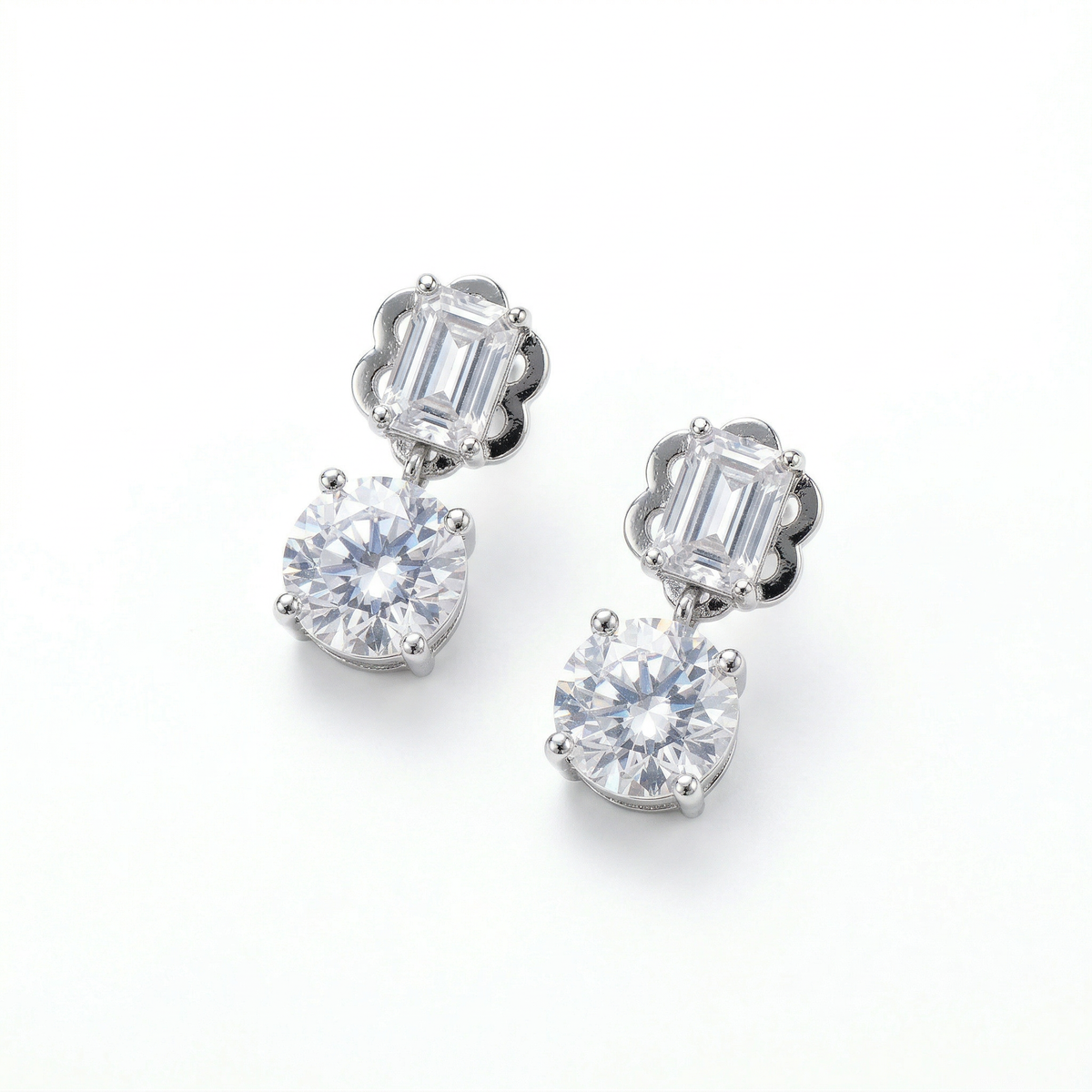 Silver solitaire round and rectangle stud earrings